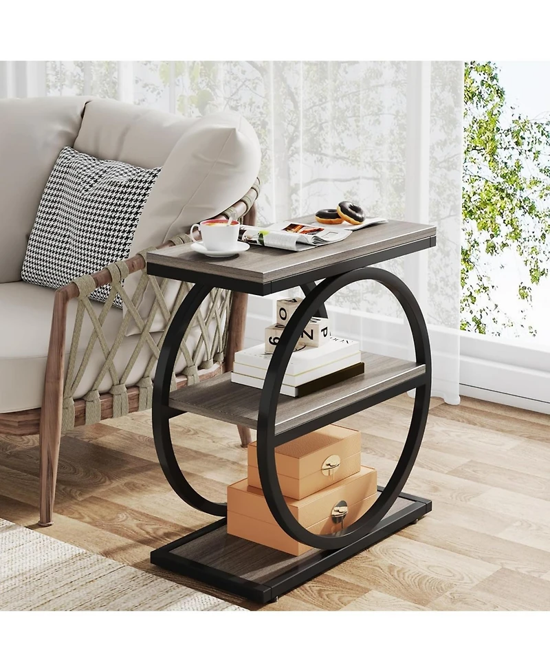 Tribesigns End Table Set of 2, Narrow with 3 Storage Shelves, Wooden Nightstand Metal Frame, Small Sofa Side