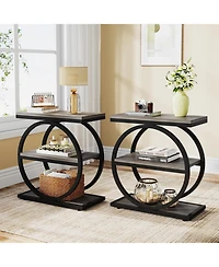 Tribesigns End Table Set of 2, Narrow with 3 Storage Shelves, Wooden Nightstand Metal Frame, Small Sofa Side