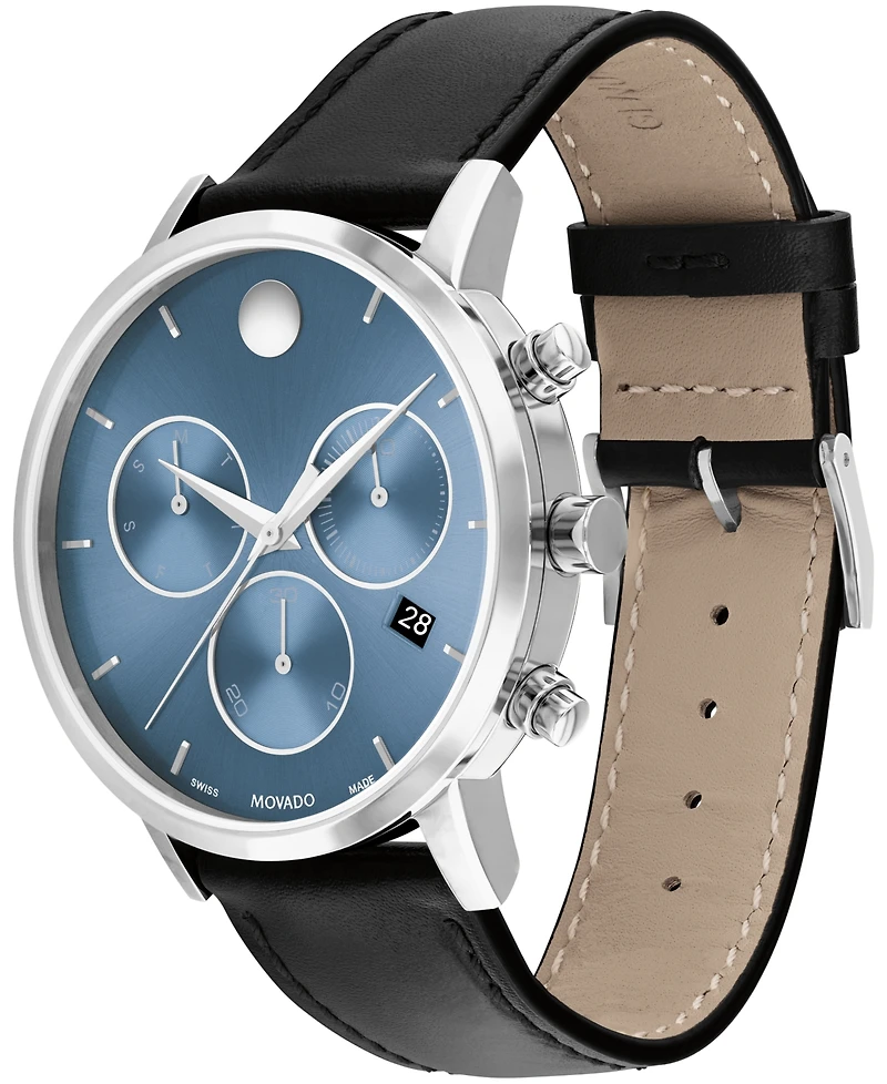 Movado Men's Museum Classic Swiss Quartz Chrono Black Leather Watch 42mm