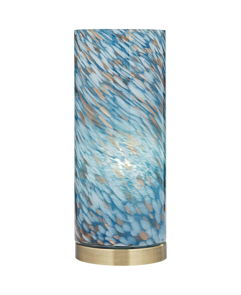 360 Lighting Modern Coastal Accent Table Lamp 13 1/2" High Brass Blue Art Glass Cylinder Shade for Bedroom Living Room Nightstand