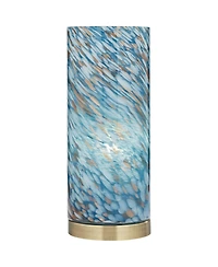 360 Lighting Modern Coastal Accent Table Lamp 13 1/2" High Brass Blue Art Glass Cylinder Shade for Bedroom Living Room Nightstand