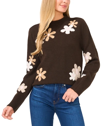 CeCe Women's Crewneck Flower Patterned Knit Long-Sleeve Sweater