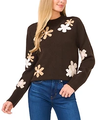 CeCe Women's Crewneck Flower Patterned Knit Long-Sleeve Sweater