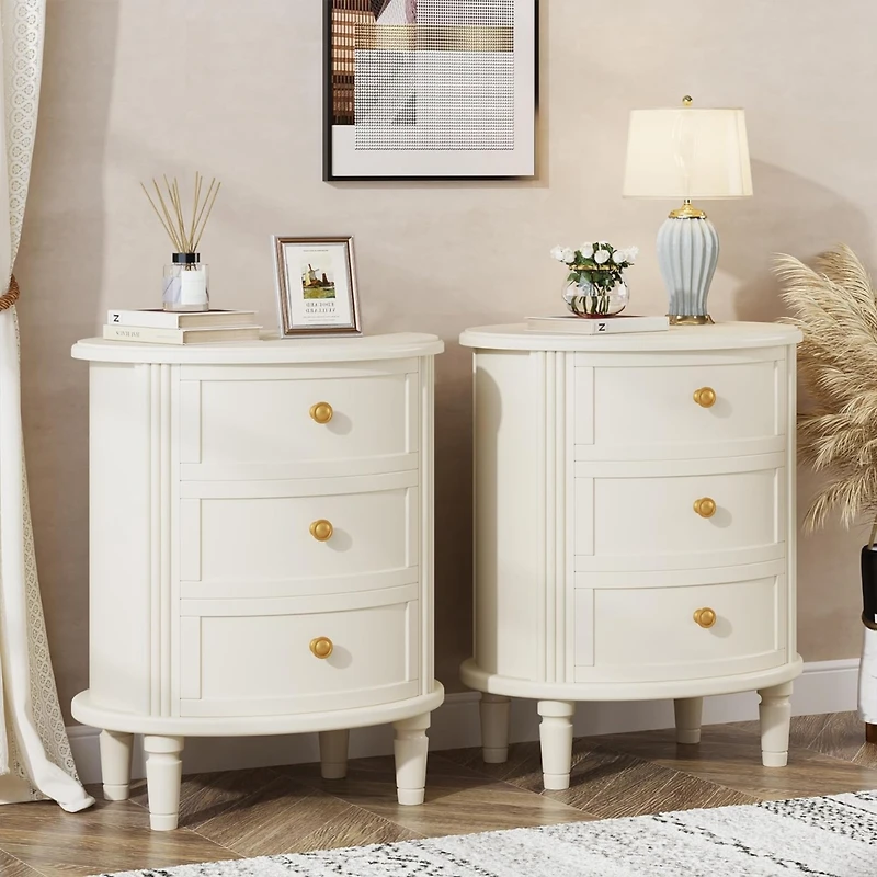 Tribesigns 3-Drawer Nightstand Set of 2, Fully Assembled Oval Bed Side Table for Bedroom, Wooden Night Stand with Storage, Beige White