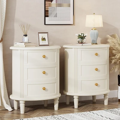 Tribesigns 3-Drawer Nightstand Set of 2, Fully Assembled Oval Bed Side Table for Bedroom, Wooden Night Stand with Storage, Beige White