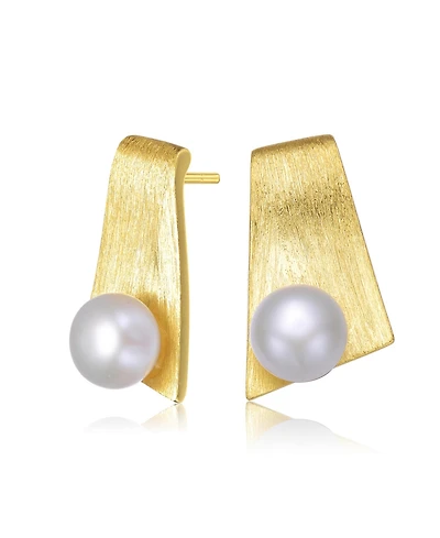 Sterling Silver 14k Gold Plated with Genuine Freshwater Round Pearl Unique Earrings