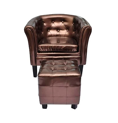 Tub Chair with Footstool Brown Faux Leather