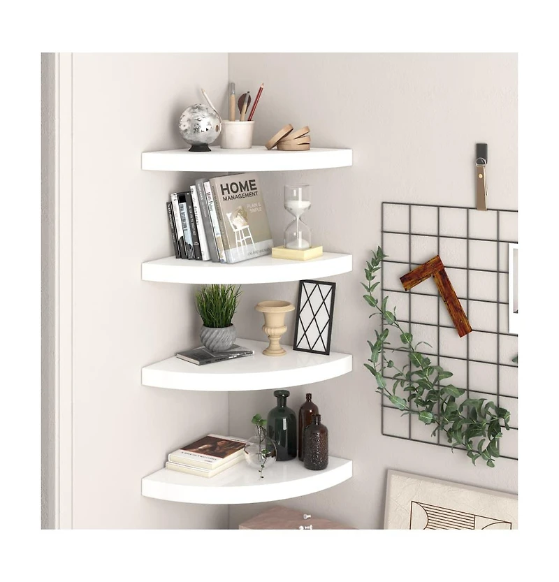 Floating Corner Shelves 4 pcs High Gloss White 13.8"x13.8"x1.5" Mdf