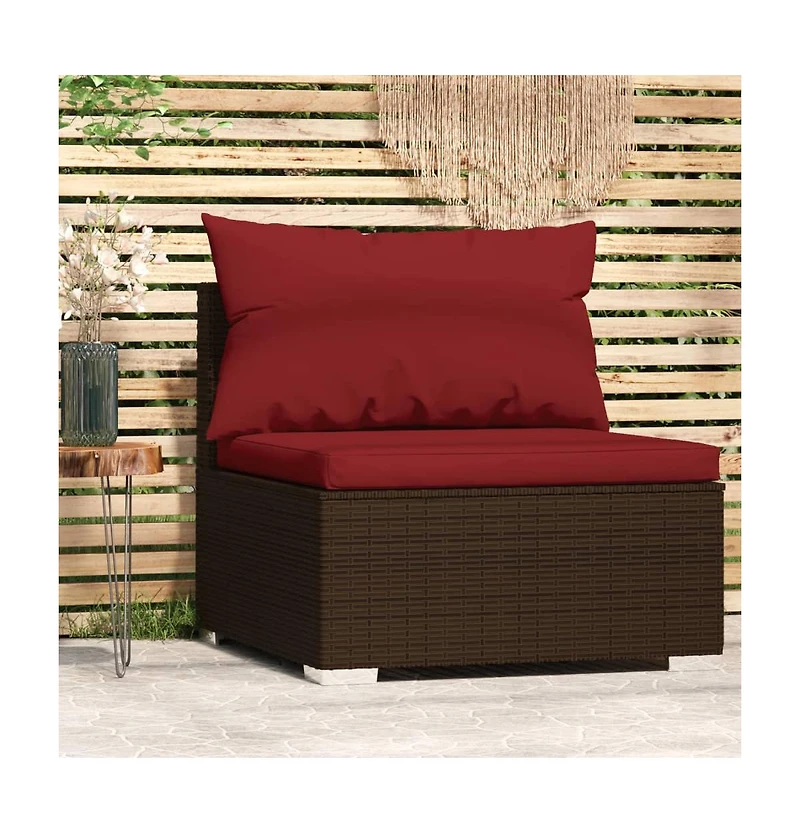 vidaXL Patio Middle Sofa with Cushions Brown Poly Rattan