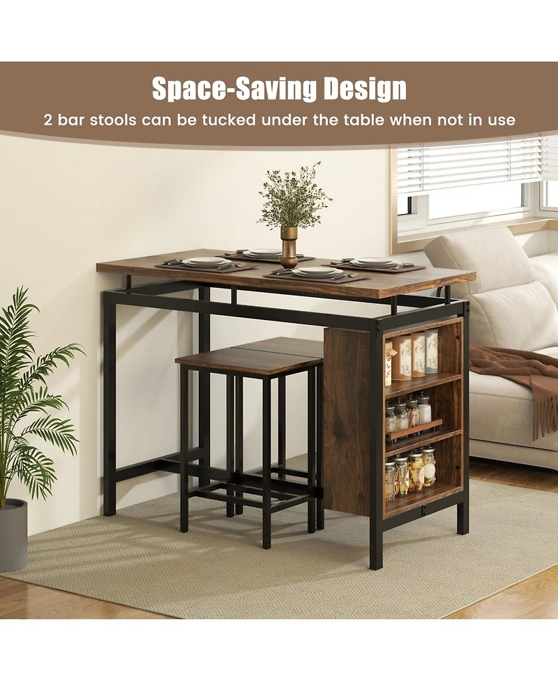 3 Pieces Dining Table Set with 3-Tier Storage Shelf and Metal Frame-Brown