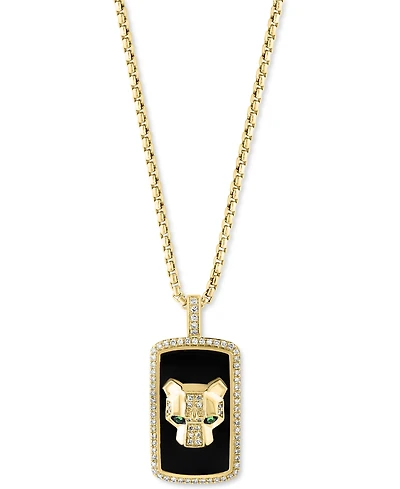 Effy Men's Onyx, Diamond (1/5 ct. t.w.), & Tsavorite Accent Panther Head Dog Tag 22" Pendant Necklace in 14k Gold