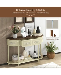 Retro Curved Console Table with Drawers and Solid Wood Legs-Beige