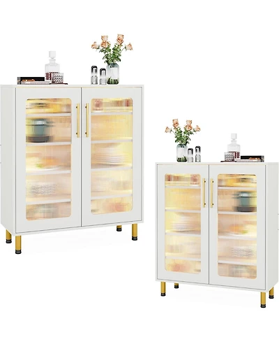 Tribesigns Set of 2 Buffet Cabinet with Storage, Modern Kitchen Accent Cabinet with Acrylic Doors and Led Light