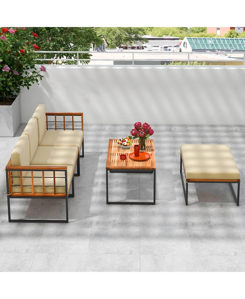 Givimo 5 Pieces Patio Furniture Set Acacia Wood Sectional Set with Heavy-Duty Metal Frame-Beige