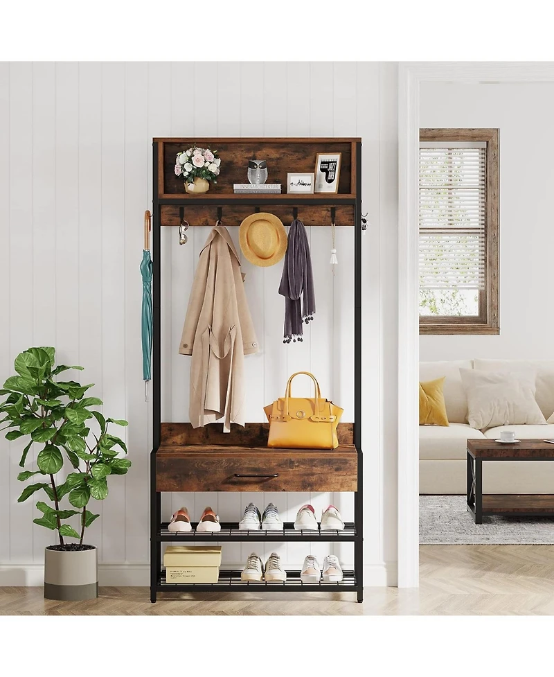 Tribesigns 3 in 1 Entrance Area Hallway Tree with Drawer, Vintage Industrial Coat Rack with Shoe Bench and Stable, Mudroom Bench with Shoe Rack and 9