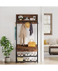 Tribesigns 3 in 1 Entrance Area Hallway Tree with Drawer, Vintage Industrial Coat Rack with Shoe Bench and Stable, Mudroom Bench with Shoe Rack and 9