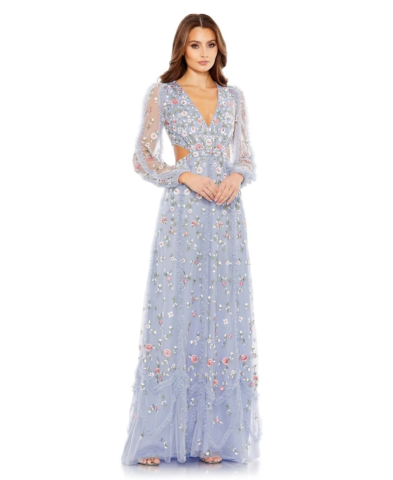 Mac Duggal Women's Long Sleeve Embellished Cut Out A-Line Gown