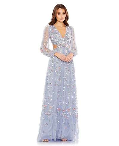 Mac Duggal Women's Long Sleeve Embellished Cut Out A-Line Gown