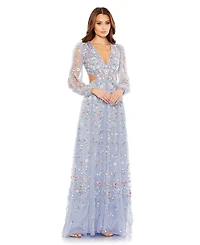 Mac Duggal Women's Long Sleeve Embellished Cut Out A-Line Gown
