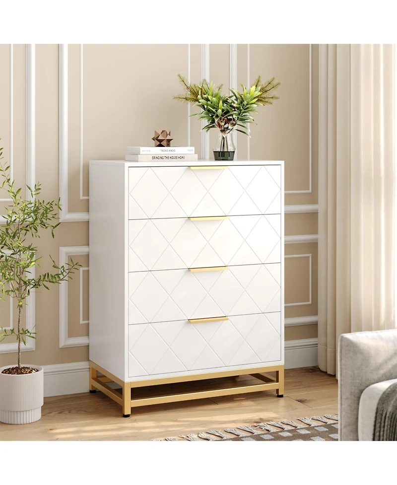 4 Drawers Dresser Chests for Bedroom, Tall Wood Rustic Chest of Drawers with Wide Metal Handle, White Dresser Drawer Organizer for Bedroom,Living Room