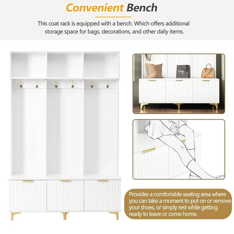 Streamdale High Gloss Fluted Storage Hall Tree with Gold Accents