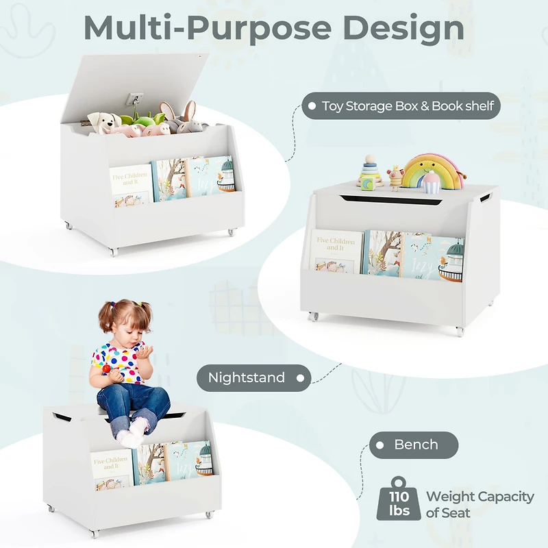 Gymax Kids Toy Box Wooden Storage Chest Bench w/ Bookshelf Wheels Safety Hinge Lid
