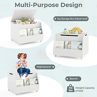 Gymax Kids Toy Box Wooden Storage Chest Bench w/ Bookshelf Wheels Safety Hinge Lid