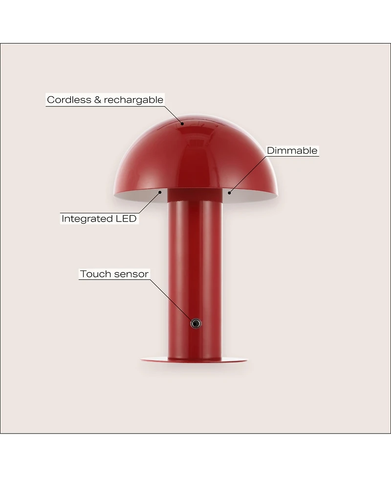 Jonathan Y Boletus 10.75" Contemporary Bohemian Rechargeable/Cordless Iron Dimmable Integrated Led Mushroom Table Lamp, Red
