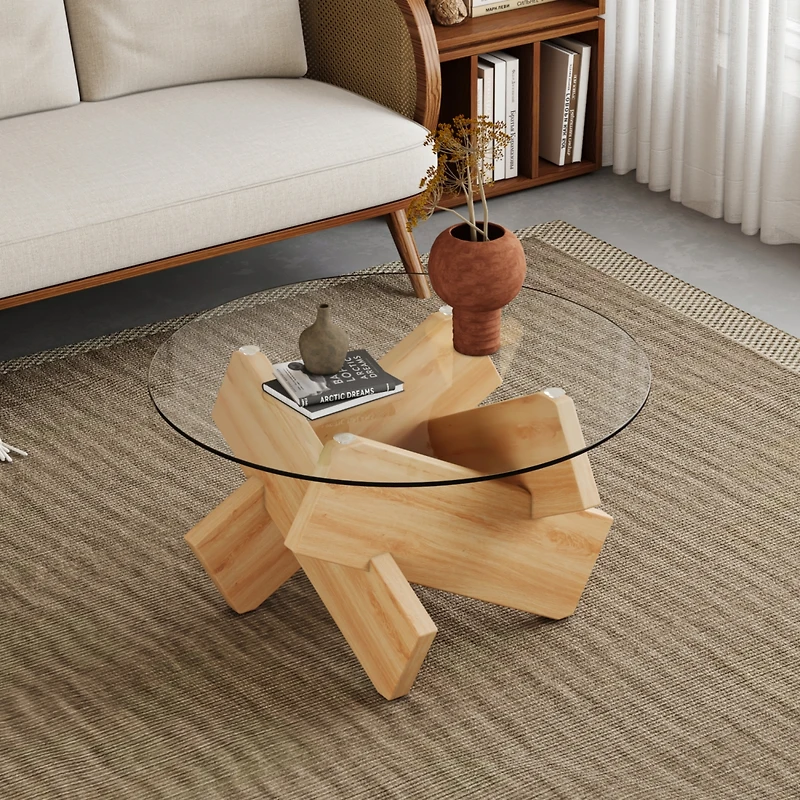 Streamdale Furniture Modern Circular Glass Coffee Table with Wood Legs