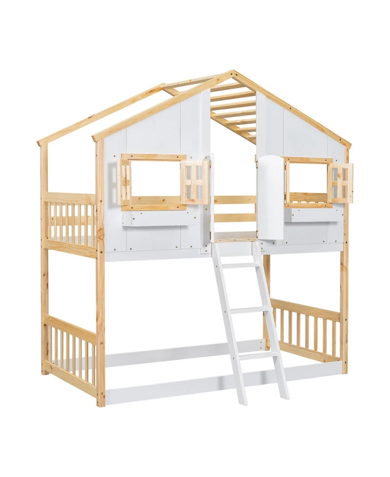 Streamdale Twin over Twin House Bunk Bed with Roof, Window, Door, Ladder