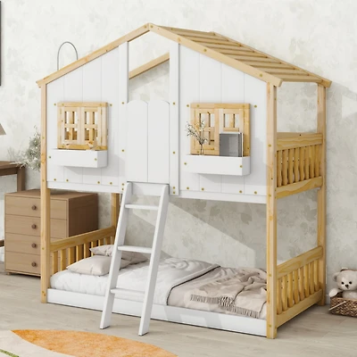 Streamdale Twin over Twin House Bunk Bed with Roof, Window, Door, Ladder