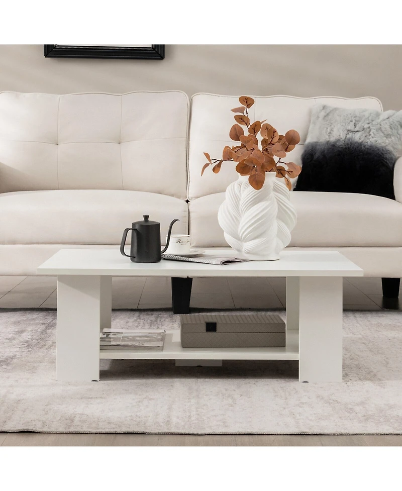 Sugift Large 36 Inch 2-tier Wooden Modern Coffee Table with Storage Shelf
