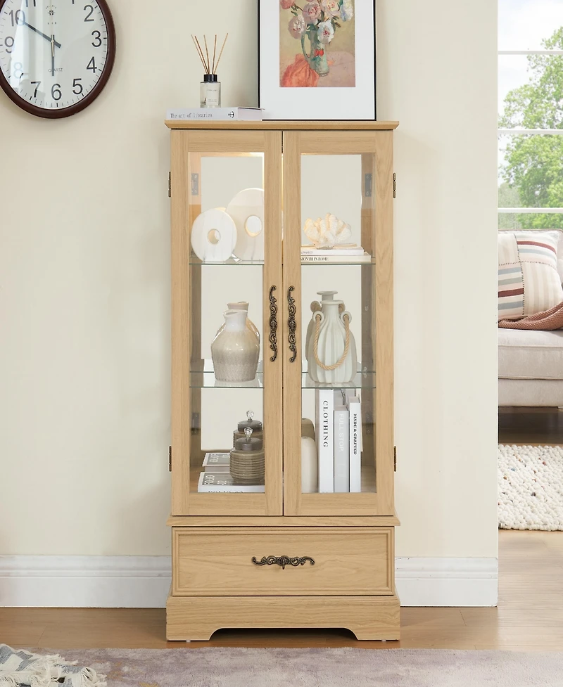 Simplie Fun Lighted Curio Glass Display Cabinet with Adjustable Shelves, Bulbs