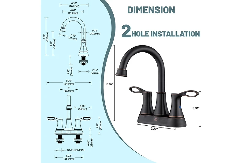 Casainc 4 Inch 2-Handle Centerset Bathroom Sink Faucet