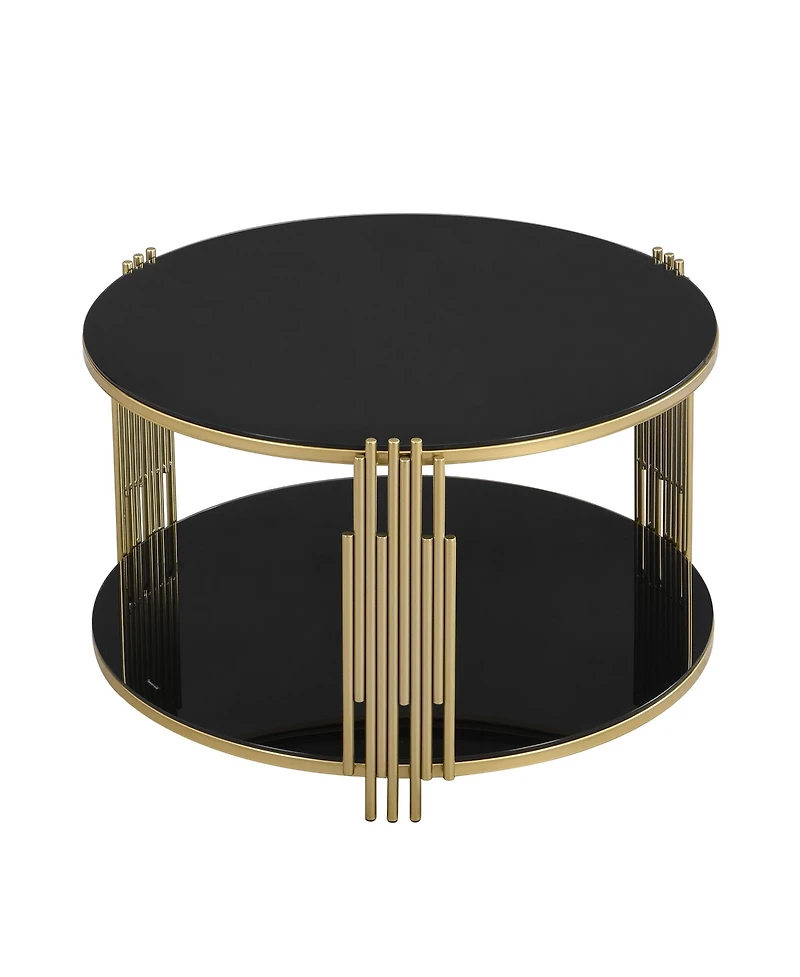 Streamdale Modern Glass Coffee Table 31.5", Asymmetrical Metal, Circular Metal Drum Base, Gold Finish & Lower Shelf