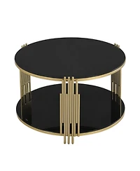 Streamdale Modern Glass Coffee Table 31.5", Asymmetrical Metal, Circular Metal Drum Base, Gold Finish & Lower Shelf