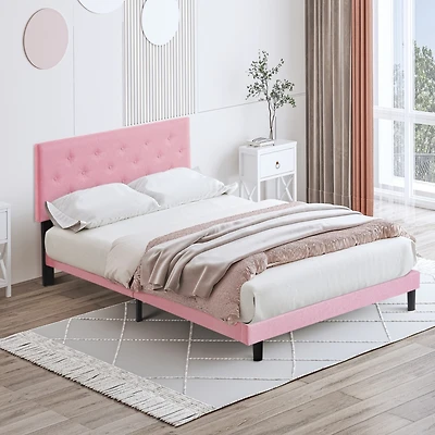 Queen Bed with Tufted Headboard, No Box Spring Needed