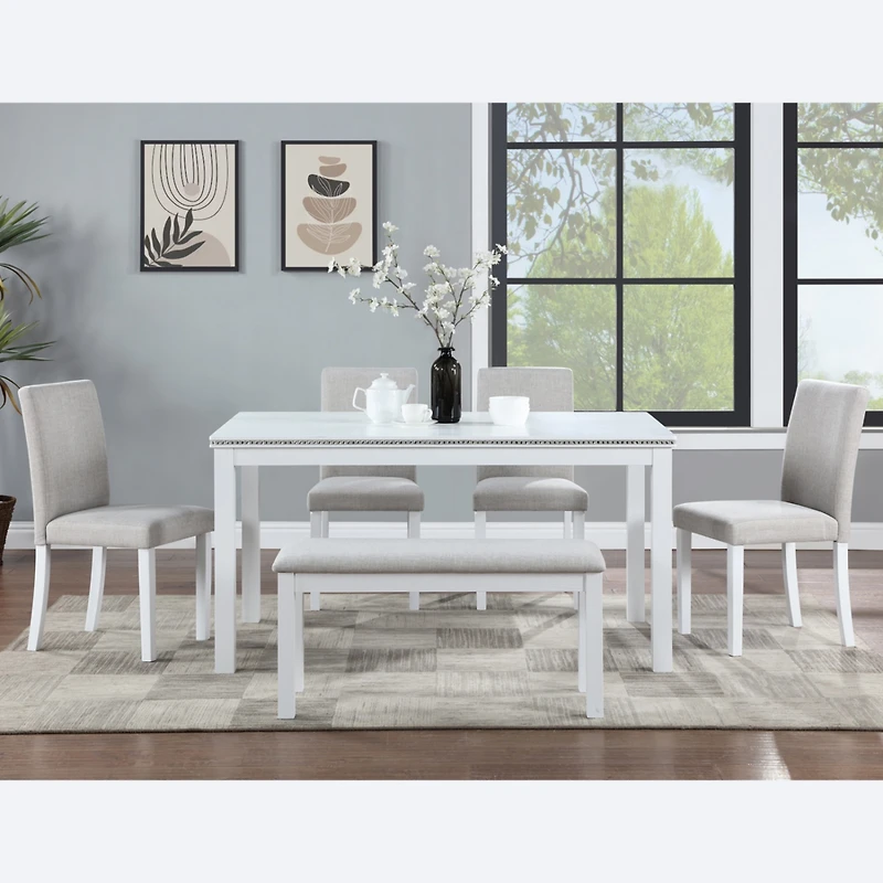 Streamdale White Rectangular Dining Table with Bench for 6
