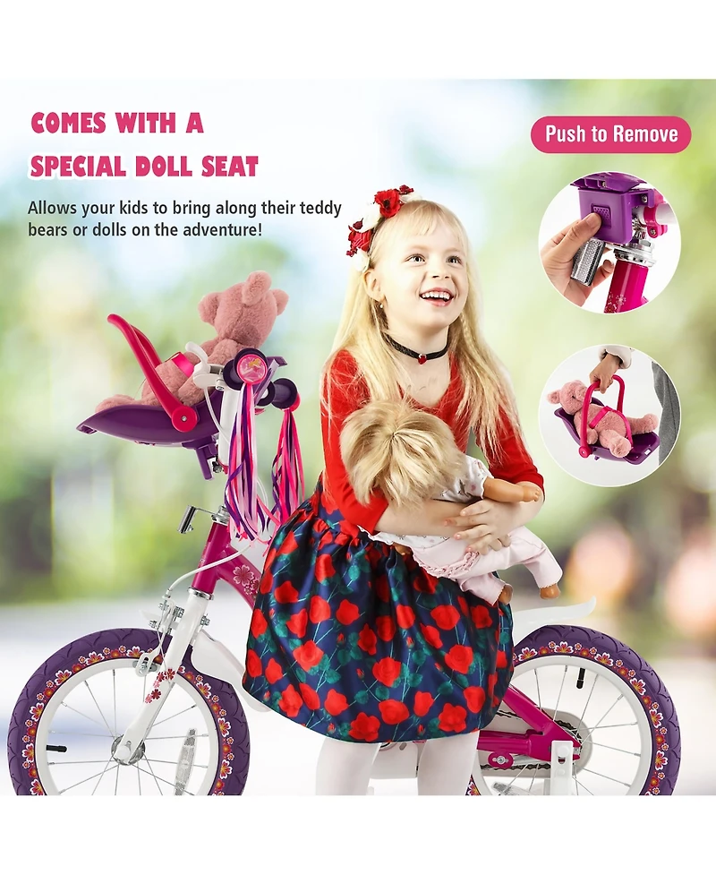 Costway 16'' Kids Bike with Doll Seat Girls Bicycle with Training Wheels for 4-7 Years Old Girl