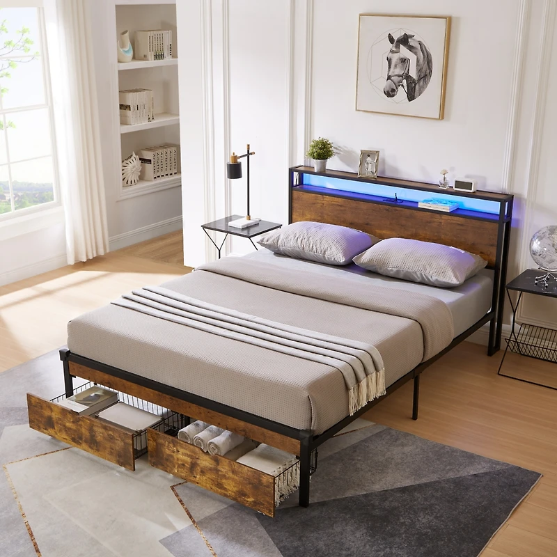 Streamdale Queen Size Platform Bed Frame with Usb, Charger, Drawers, Led Lights