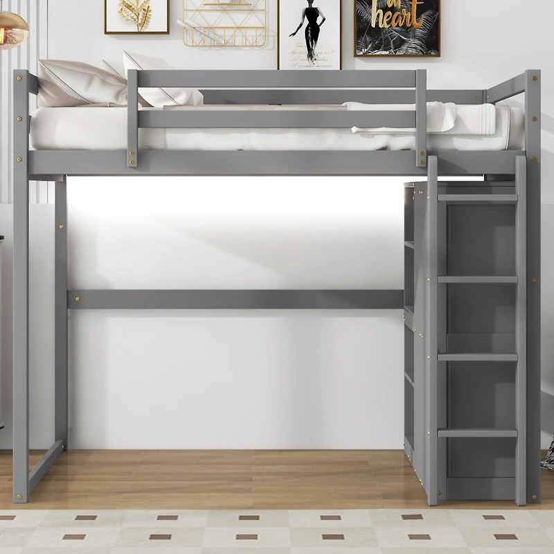 Streamdale Gray Wooden Full Loft Bed with Wardrobe and Led Light