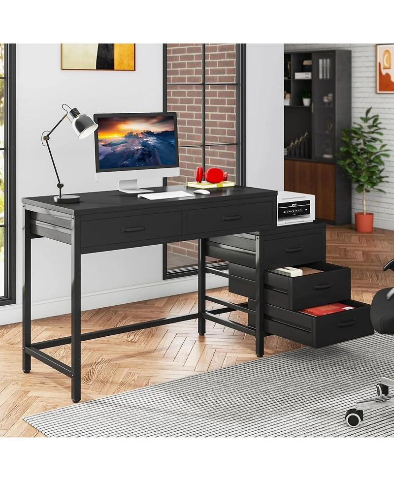 Tribesigns Computer Desk with 5 Drawers, Home Office Desks with Reversible Drawer Cabinet Printer Stand, Rustic Study Writing Table Workstation