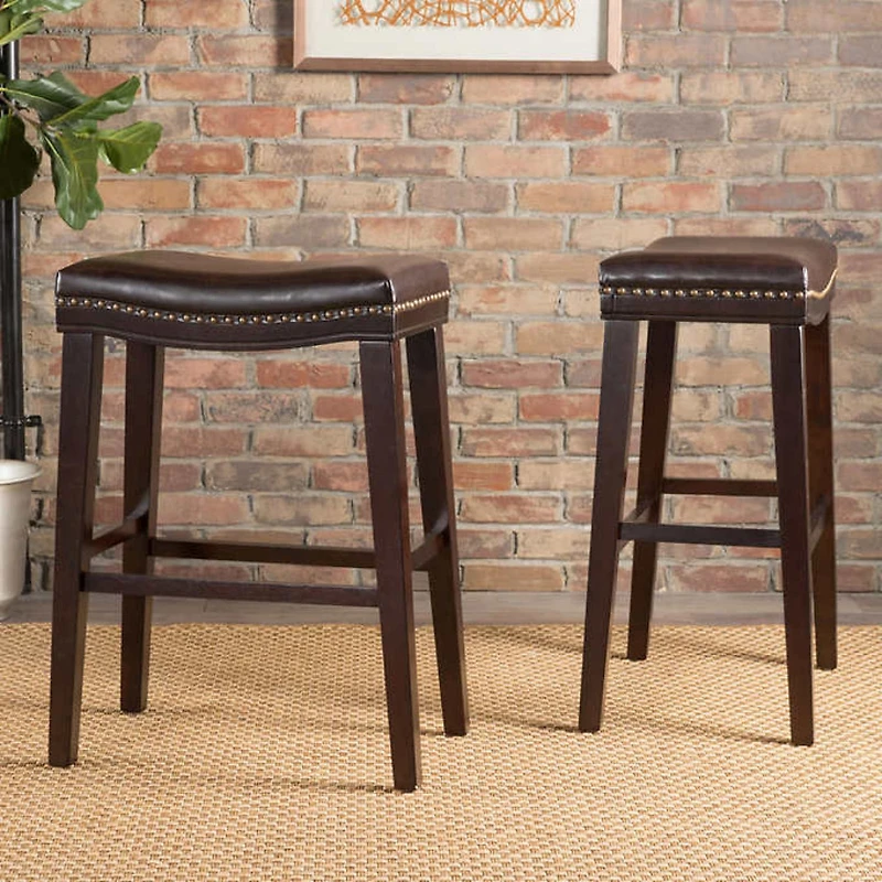Streamdale 26" Saddle Counter Stool with Nailhead Trim (Set of 2), Dark Brown