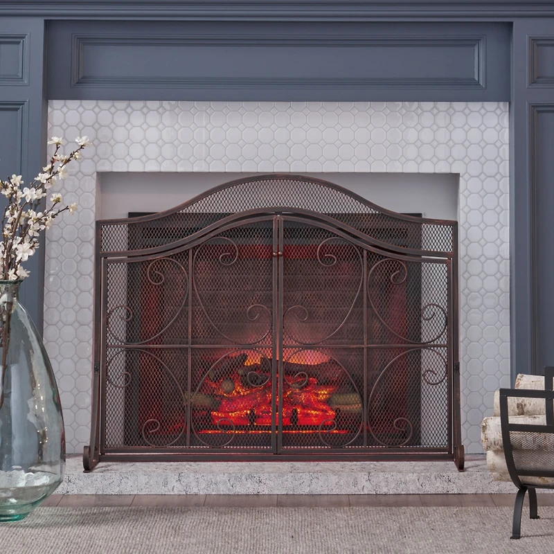 Streamdale Gary Modern 3-Panel Iron Fire Screen With Doors, Black Copper Finish