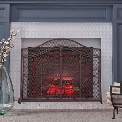 Streamdale Gary Modern 3-Panel Iron Fire Screen With Doors, Black Copper Finish