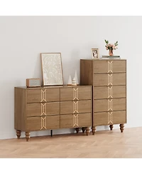 gaomon 5 Drawer Dresser with Deep Drawers for Bedroom, Modern Wooden Chest Dresser with Deep Drawers with Vintage Pattern Design, Oak and Gold_48.23"D