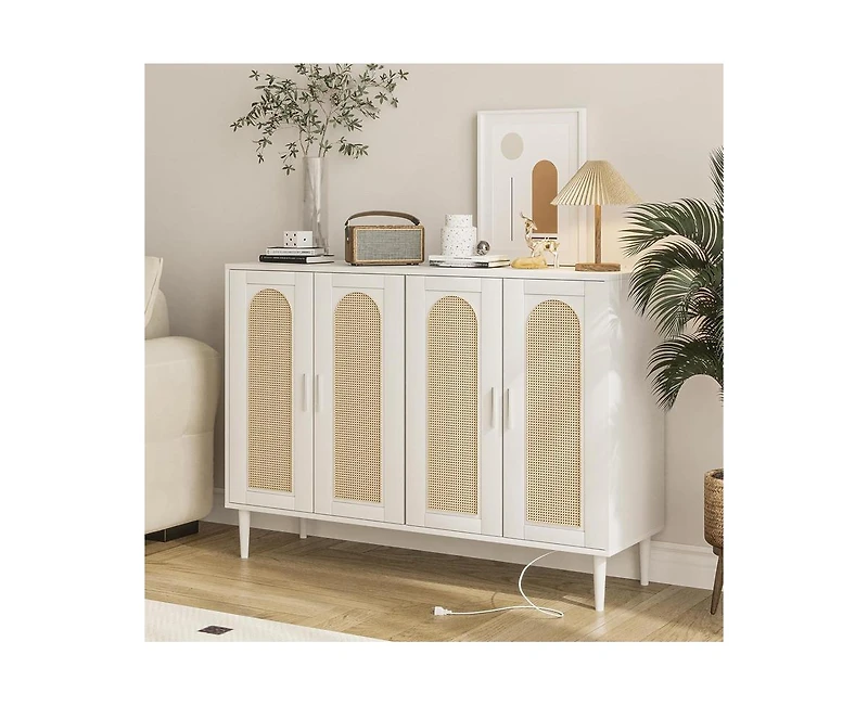 gaomon Sideboard Buffet Cabinet, 4 Rattan Doors Accent Storage Cabinet, Console Table Coffee Bar with Power Outlet, Adjustable Shelves for Dining Room