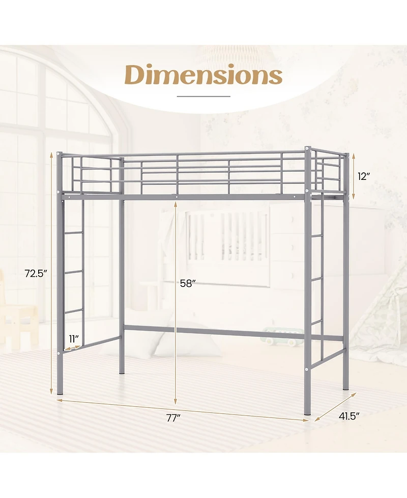 Gymax Twin Metal Loft Bed Frame w/ 2 Ladders Full-length Guardrail Space-Saving Silver