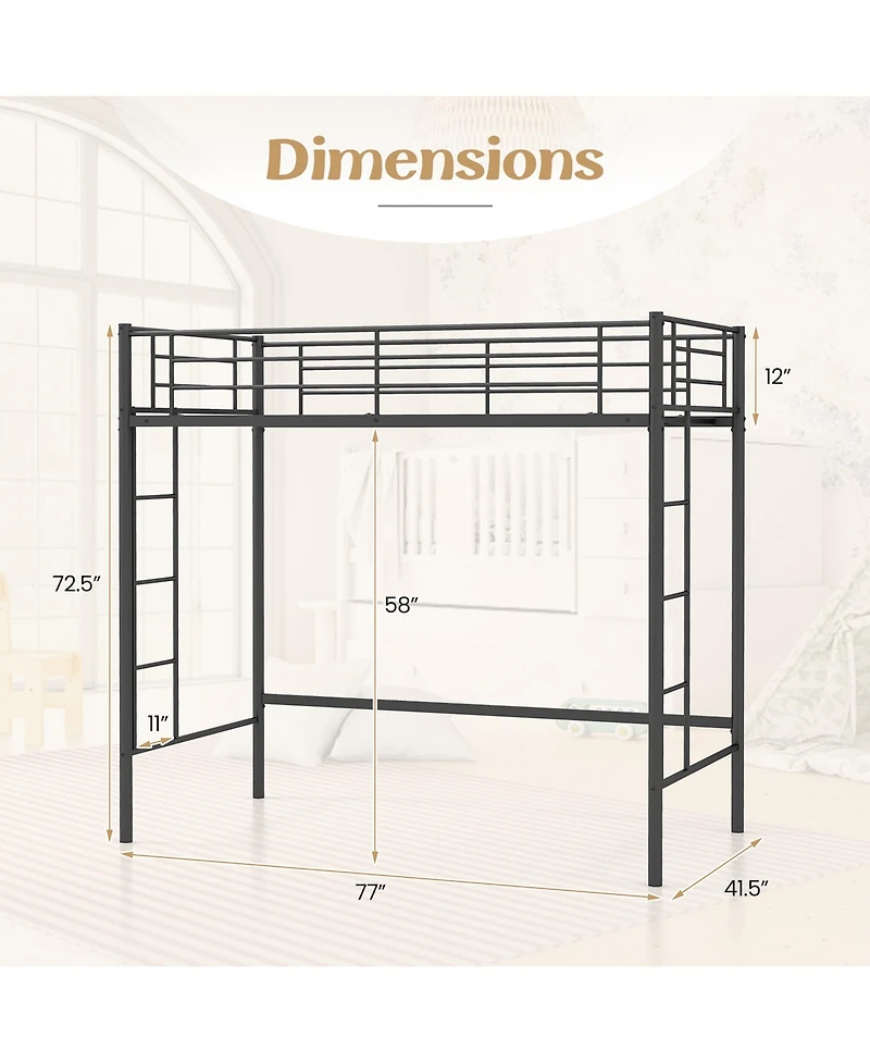 Gymax Metal Twin Loft Bed Space-saving Loft Bed Frame w/ Full-length Safety Guardrail 2 Ladders Black