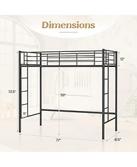 Gymax Metal Twin Loft Bed Space-saving Loft Bed Frame w/ Full-length Safety Guardrail 2 Ladders Black